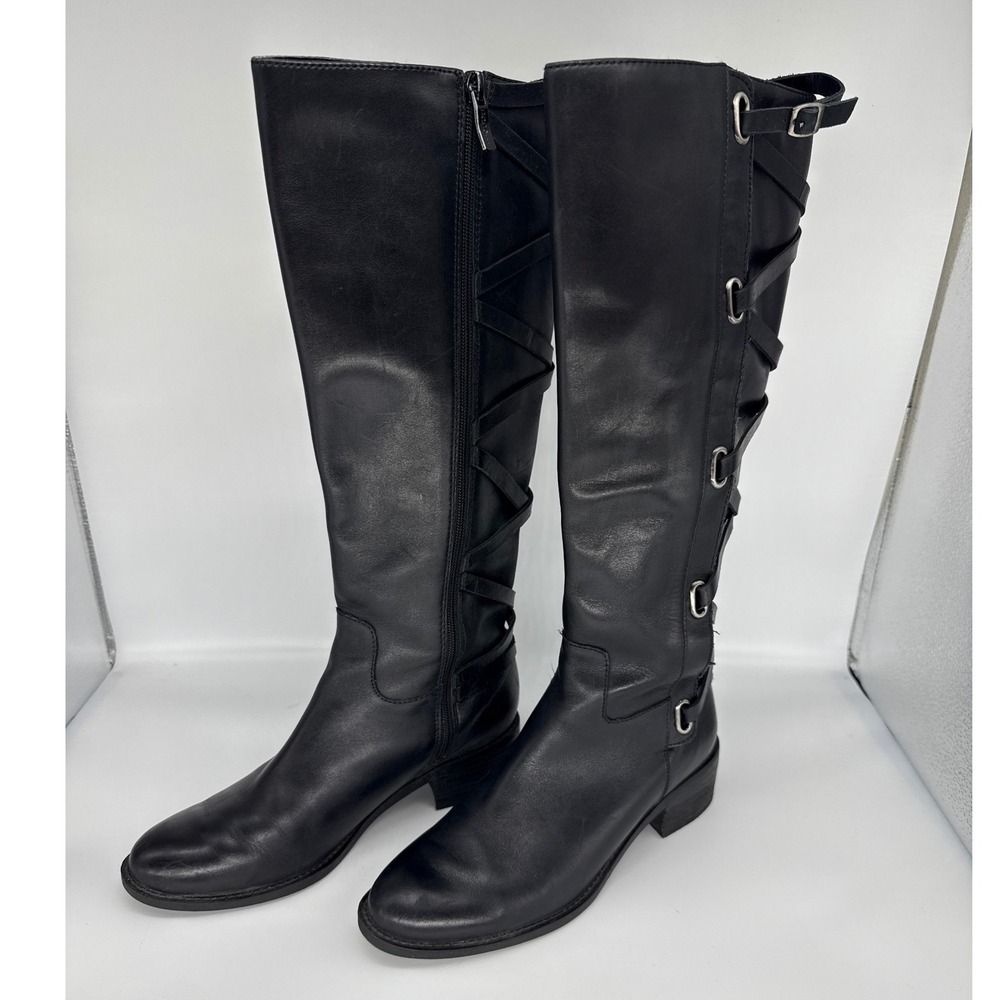 BCBGeneration Black Leather Riding Boots Crisscross Straps Womens sz 6.5